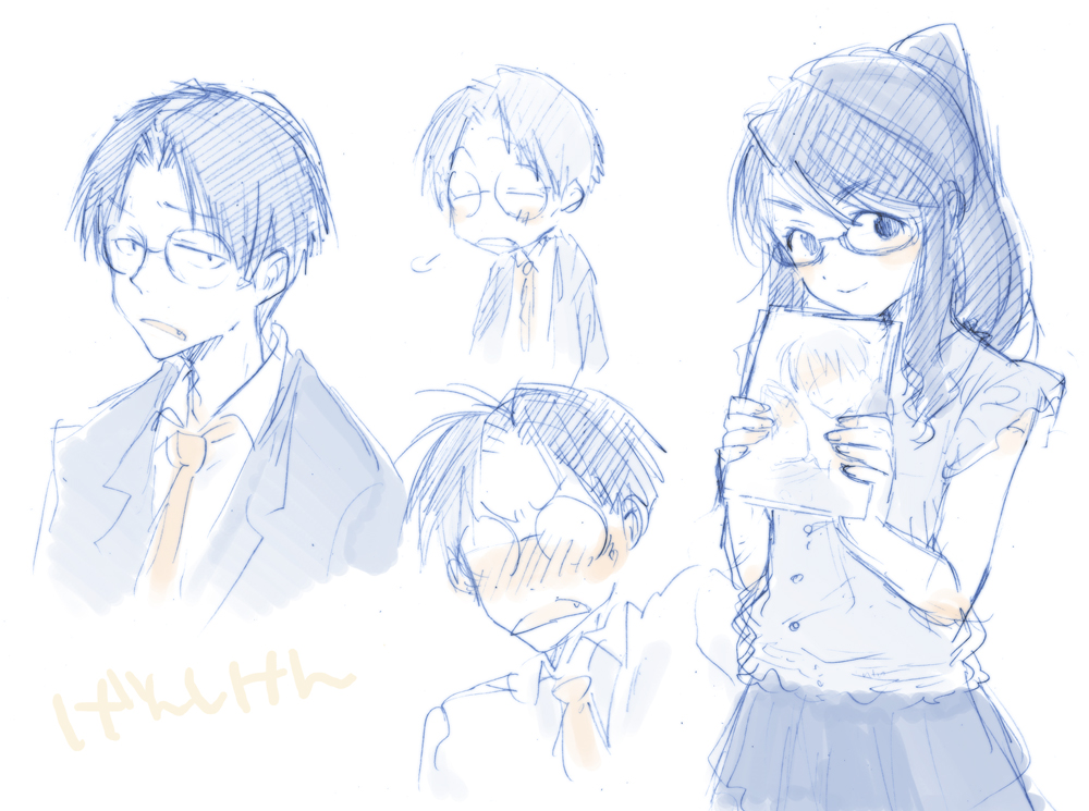 00s, 1girl, 2boys, bad_id, bad_pixiv_id, blush, fang, formal_clothes