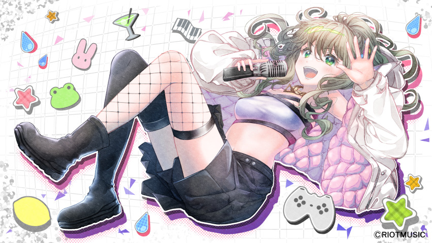 1girl, :d, asymmetrical_footwear, black_boots, black_shorts, black_thighhighs, blush, boots