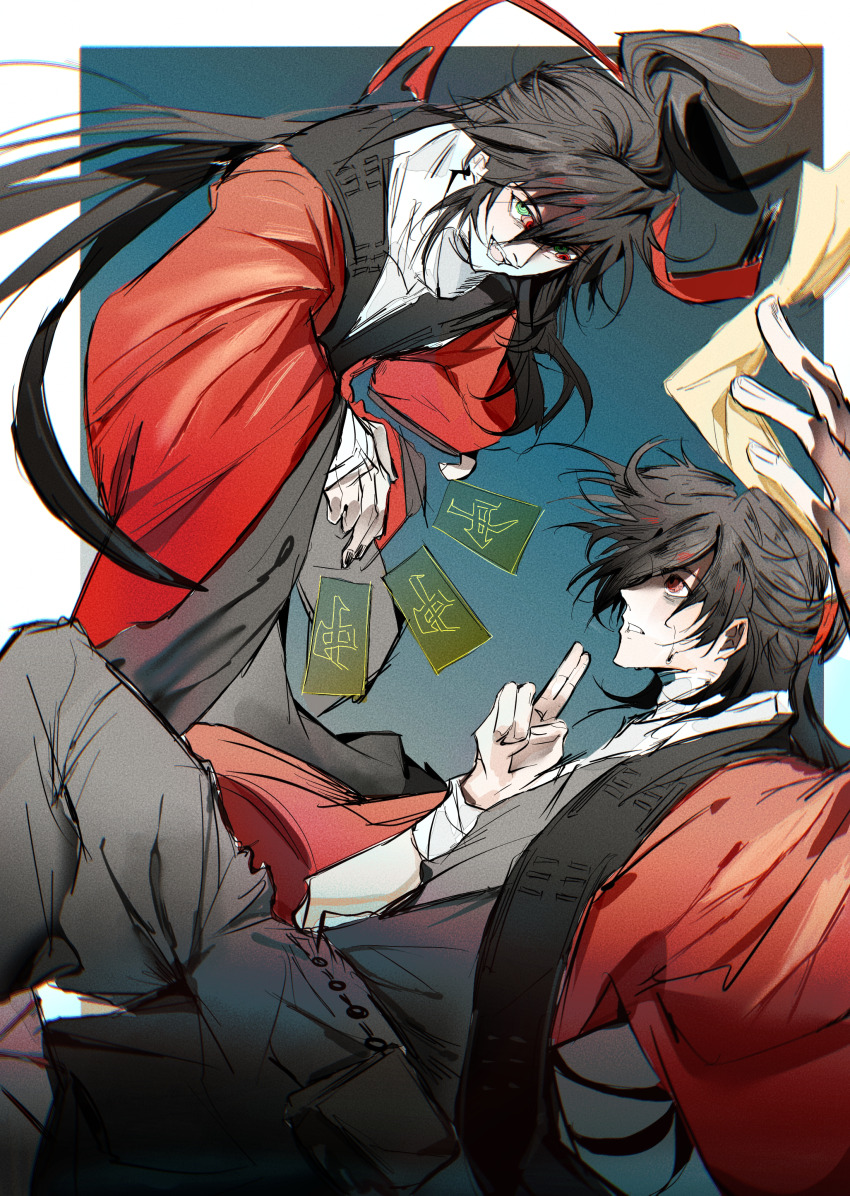 2boys, absurdres, bags_under_eyes, bandaged_neck, bandaged_wrist, bandages, battle, black_hair