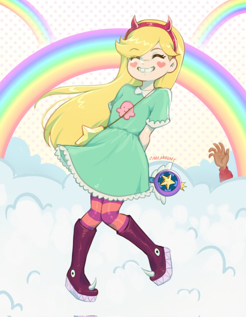 1girl, animal-themed_footwear, aqua_dress, blonde_hair, dress, facial_mark, fake_horns, hairband, heart, heart_cheeks, heart_facial_mark, highres, horns, long_hair, marco_diaz, marking_on_cheek, markings_on_cheeks, mrmoon, pantyhose, royal_magic_wand_(svtfoe), smile, solo_focus, star_butterfly, star_vs_the_forces_of_evil, striped_clothes, striped_pantyhose, wand, winged_wand
