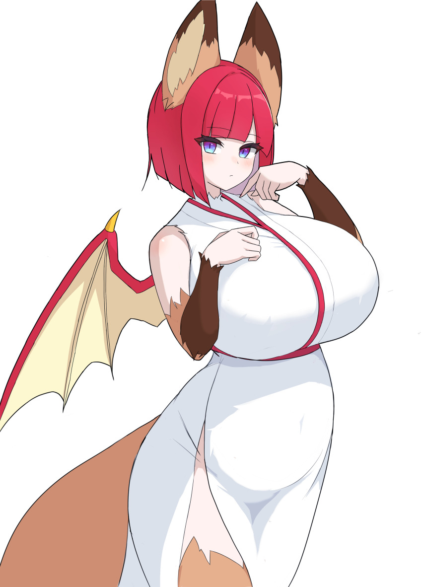 1girl, absurdres, animal_ears, blue_eyes, blunt_bangs, blunt_ends, bob_cut, breasts, brown_tail, character_request, closed_mouth, covered_navel, cowboy_shot, curvy, dolp_(pixiv_34569752), dress, gradient_eyes, hand_on_own_chest, hands_up, highres, huge_breasts, japanese_clothes, kacho_fugetsu_(monster_farm), kimono, light_blush, looking_at_viewer, monster_farm, multicolored_eyes, pixie_(monster_farm), purple_eyes, red_hair, short_hair, simple_background, sleeveless, sleeveless_kimono, solo, white_background, white_dress, white_kimono, wings