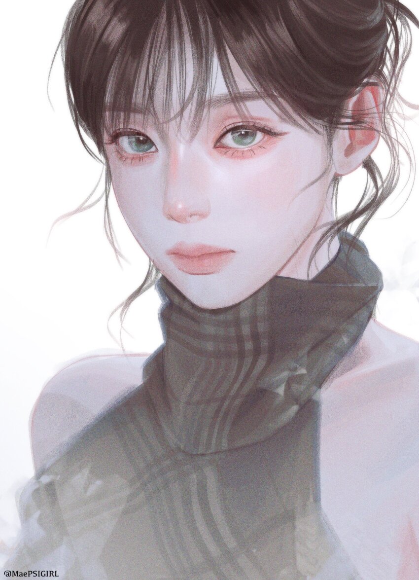 1girl, aespa, black_eyeliner, brown_hair, closed_mouth, eyeliner, eyeshadow, hair_bun