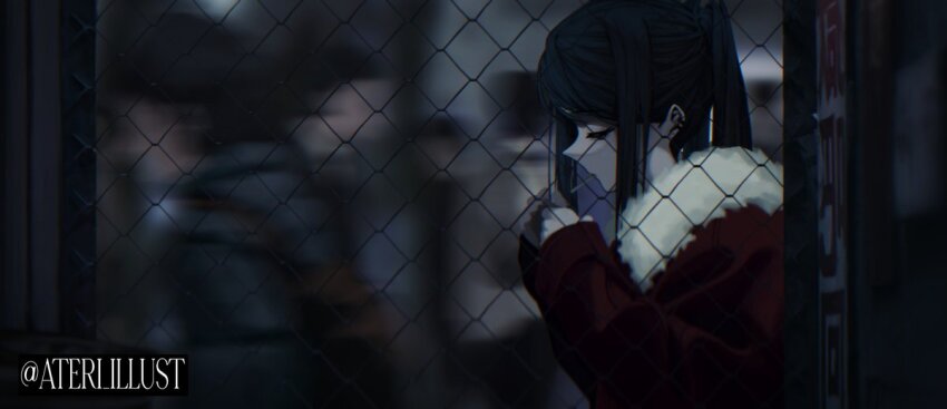 1girl, artist_name, ateri_illust, blurry, blurry_background, cigarette, city, crowd, depth_of_field, hand_grip, holding_hand_grip, jill_stingray, long_hair, night, outdoors, twintails, twitter_username, va-11_hall-a
