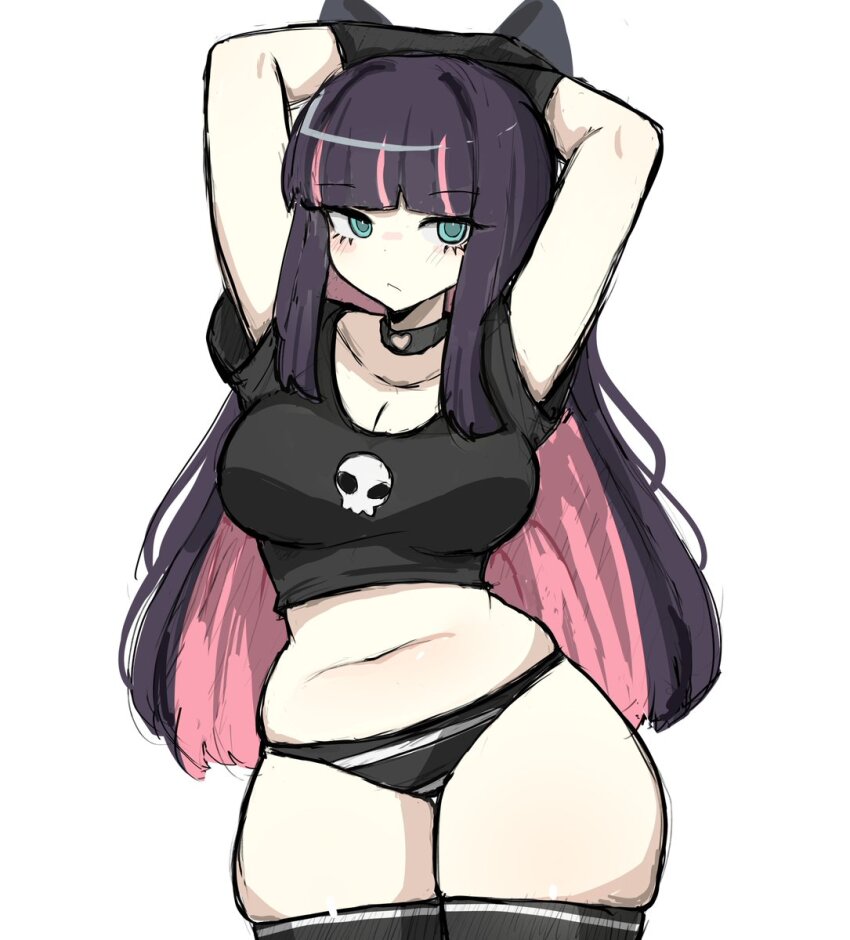 1girl, arms_behind_head, arms_up, black_shirt, black_shorts, blue_eyes, blue_hair, blunt_bangs