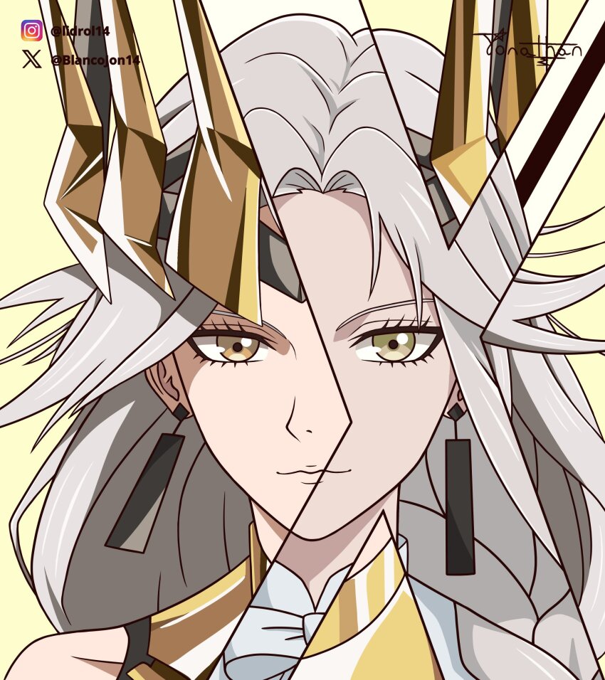 1girl, armor, blancojon14, bow, bowtie, braid, brown_eyes, gold_armor