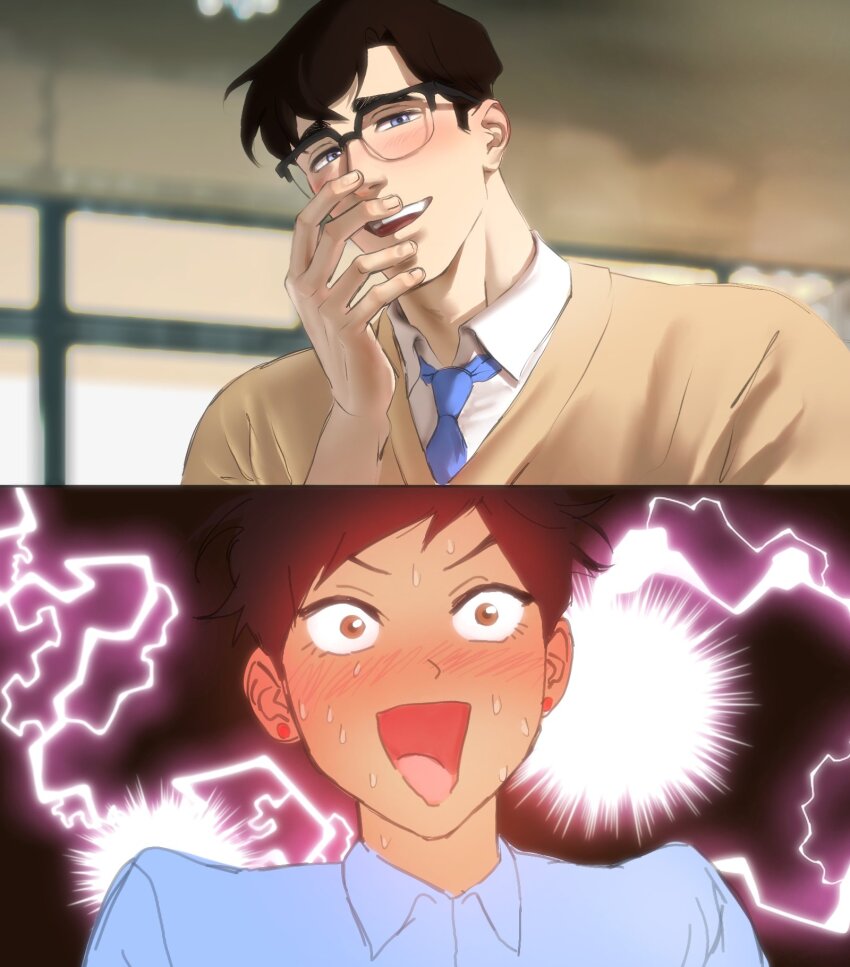 1boy, 1girl, black_hair, blue_eyes, blush, brown_eyes, clark_kent, collared_shirt, dark-skinned_female, dark_skin, dc_comics, derivative_work, earrings, glasses, hand_on_own_face, highres, illuzyne, jewelry, lightning_background, lois_lane, my_adventures_with_superman, necktie, open_mouth, screenshot_redraw, shirt, short_hair, skip_to_loafer, smile, stud_earrings, superman_(series), sweat, sweater, upper_body