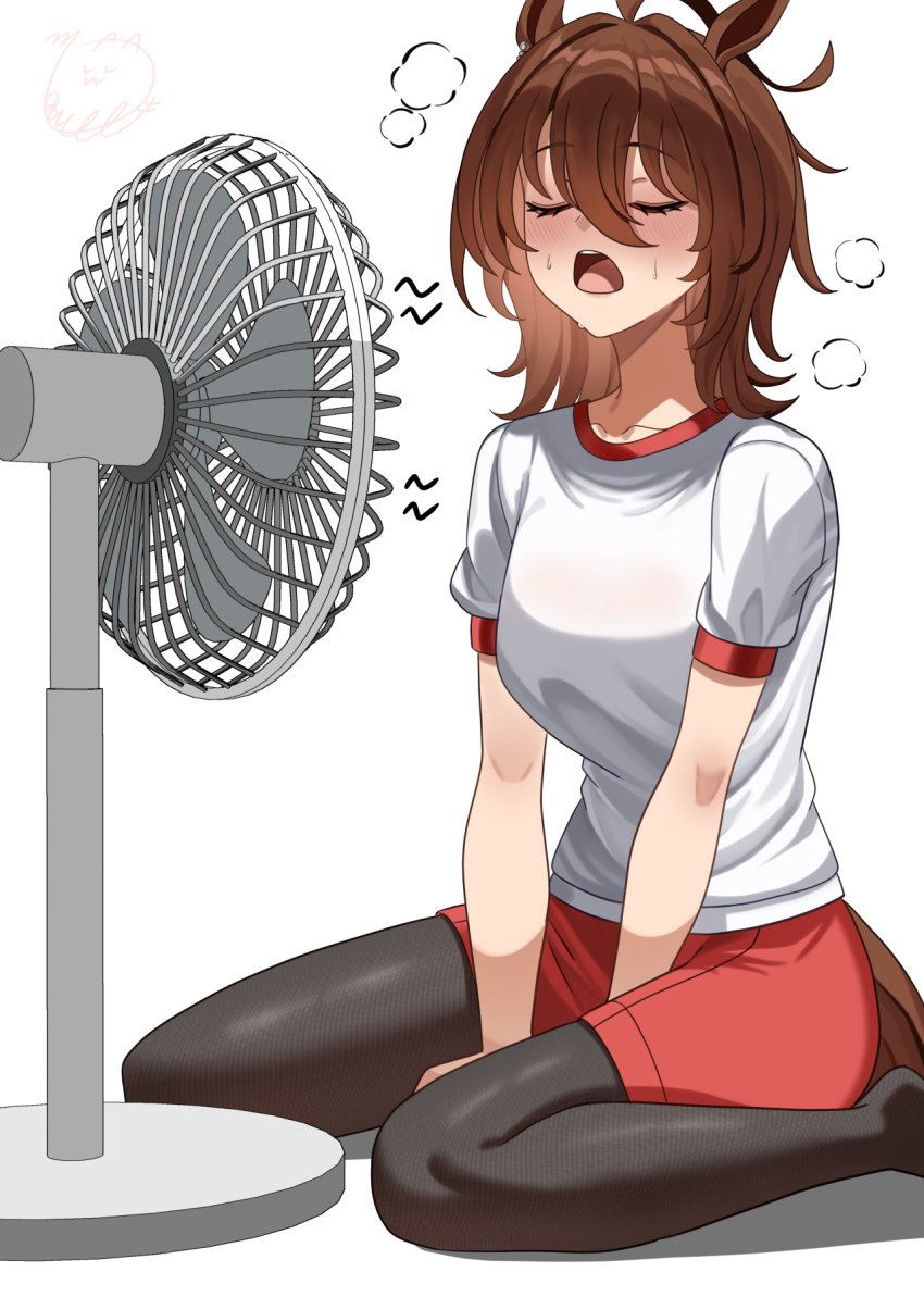 1girl, agnes_tachyon_(umamusume), animal_ears, black_pantyhose, blush, brown_hair, closed_eyes, electric_fan