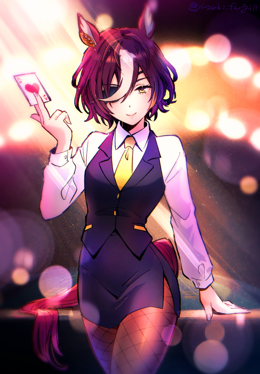 1girl, ace_(playing_card), ace_of_hearts, animal_ears, arm_support, between_fingers, black_skirt, black_vest