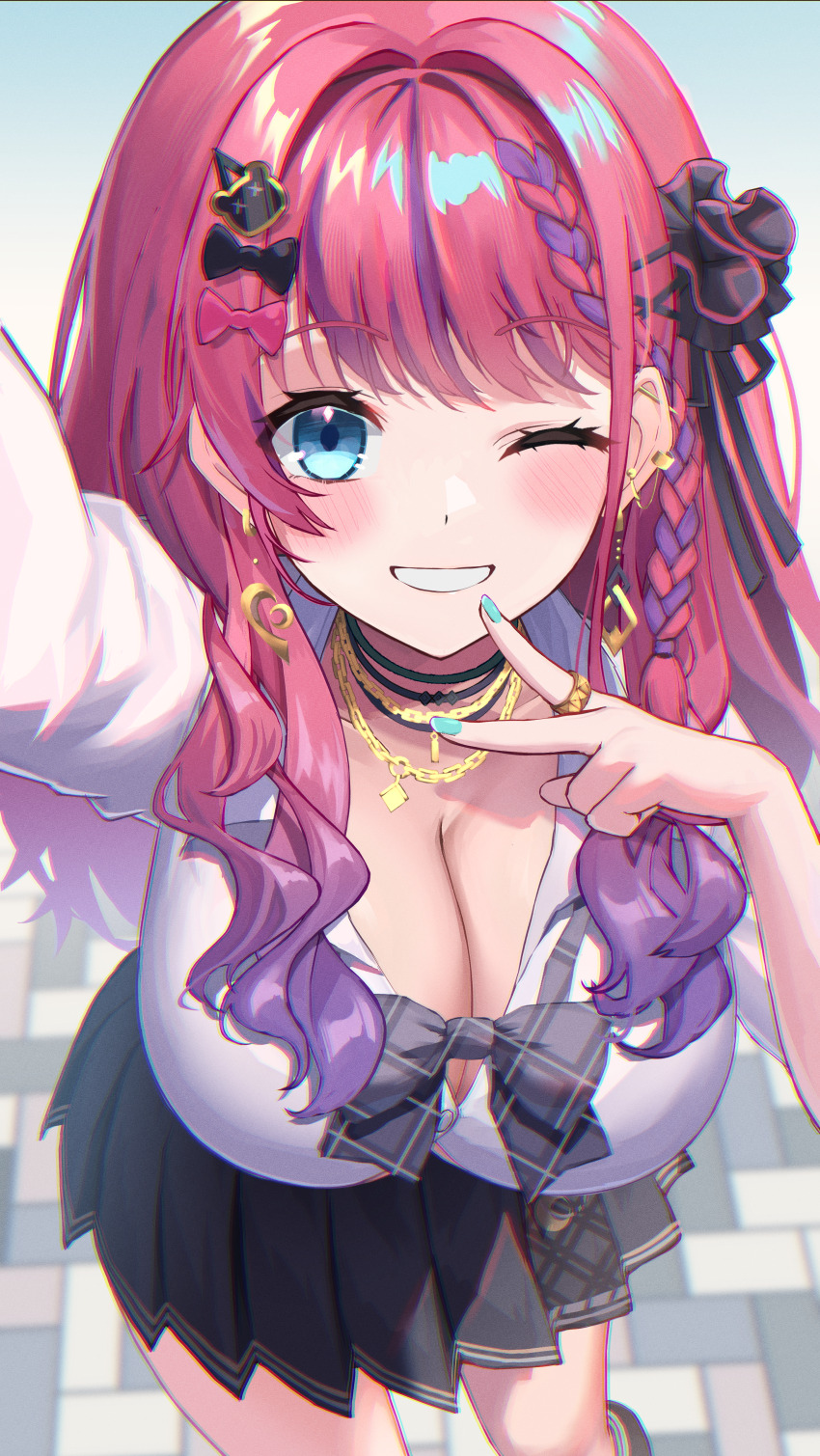 1girl, absurdres, amesuku_gyaru, ami_no_fuda, arm_up, barbell_piercing, black_skirt, blue_bow