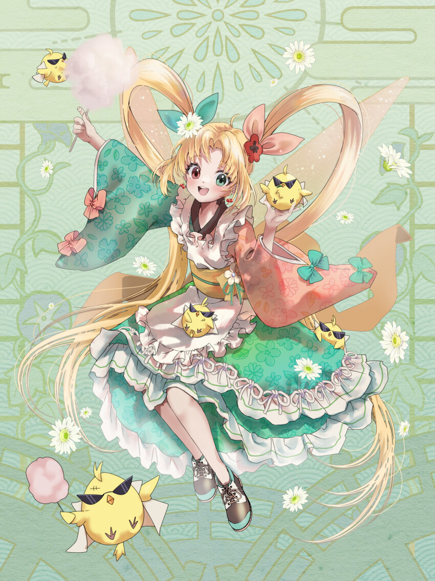 1girl, :d, apron, arm_up, bird, bird_on_hand, black_shoes, blonde_hair