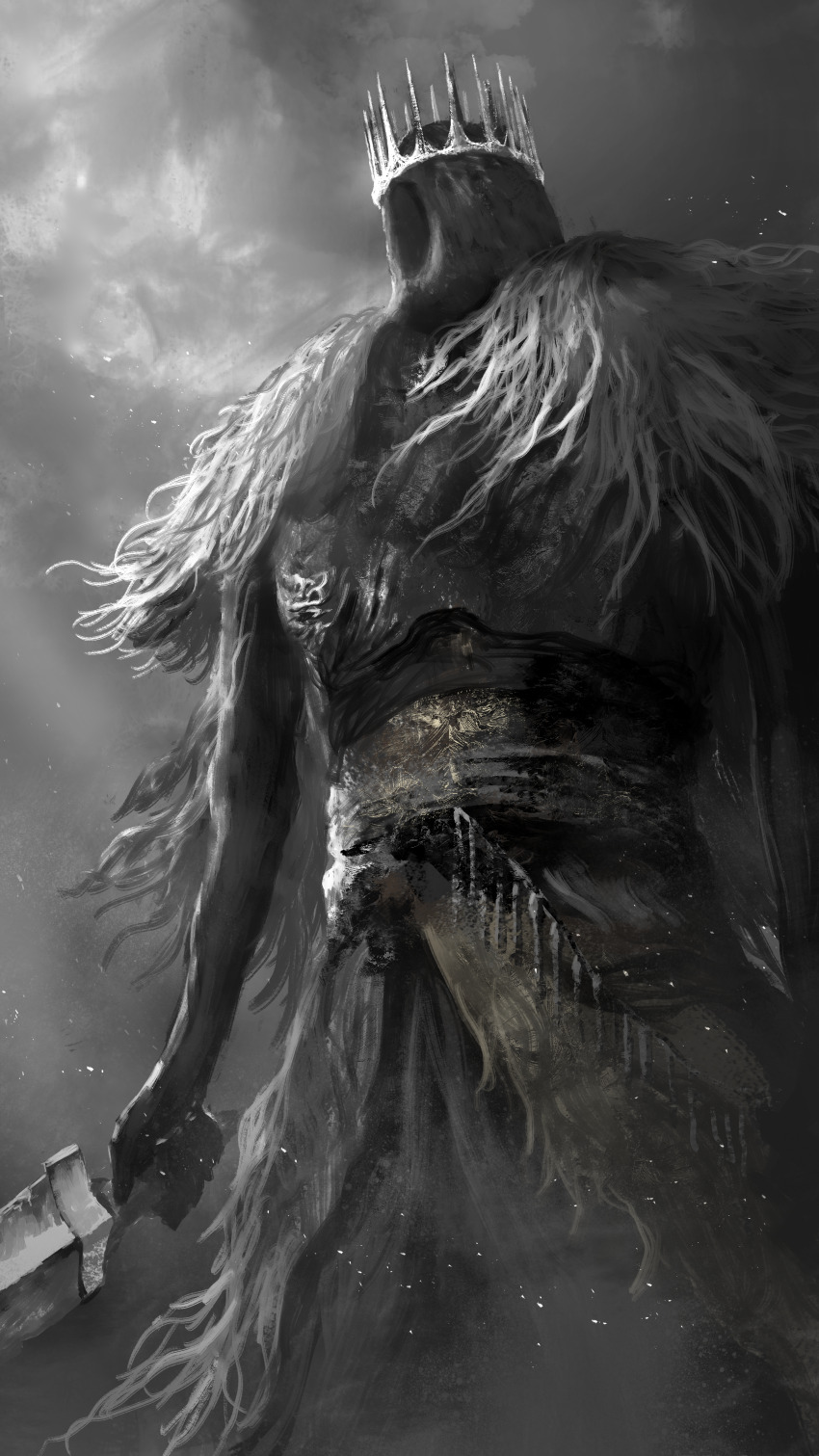 1boy, absurdres, asaki_(asaki_vision), commentary_request, crown, dark_souls_(series), dark_souls_ii, giant, grey_sky, highres, holding, holding_sword, holding_weapon, male_focus, sky, solo, standing, sword, the_giant_lord, weapon