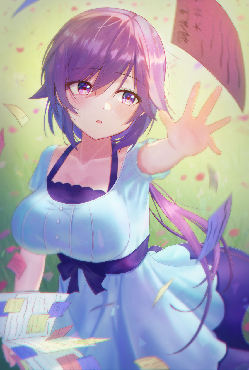 1girl, :o, absurdres, blue_bow, blue_dress, blurry, blush, book