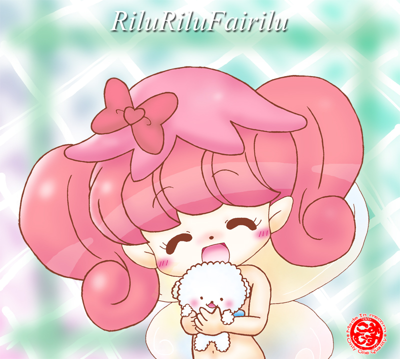 1girl, animal, blush, bow, closed_eyes, dog, fairy, fairy_wings