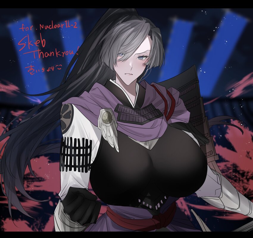 1girl, absurdres, akechi_mitsuhide_(sengoku_musou), armor, black_hair, breasts, cosplay, gloves, grey_eyes, hair_between_eyes, hair_over_one_eye, highres, huge_breasts, ichimonme_(ichi), japanese_clothes, looking_at_viewer, night, ponytail, samurai, scarf, sengoku_musou, sengoku_musou_5, serious, sky, valentina_(nuclear-il2)