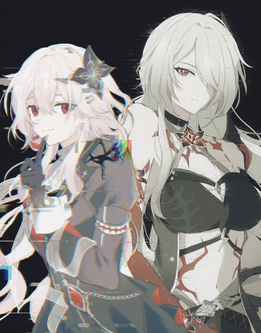 2girls, acheron_(honkai:_star_rail), black_choker, black_dress, black_flower, black_gloves, breasts, choker, closed_mouth, colored_skin, dress, earrings, evernight_(honkai:_star_rail), flower, glitch, gloves, grey_nails, hair_between_eyes, hair_flower, hair_ornament, hair_over_one_eye, hairclip, highres, honkai:_star_rail, honkai_(series), jewelry, ki_ii37, large_breasts, light_smile, long_hair, long_sleeves, looking_at_viewer, march_7th_(honkai:_star_rail), midriff, multiple_girls, navel, pink_hair, red_eyes, red_flower, red_skin, single_bare_shoulder, single_earring, very_long_hair, white_hair