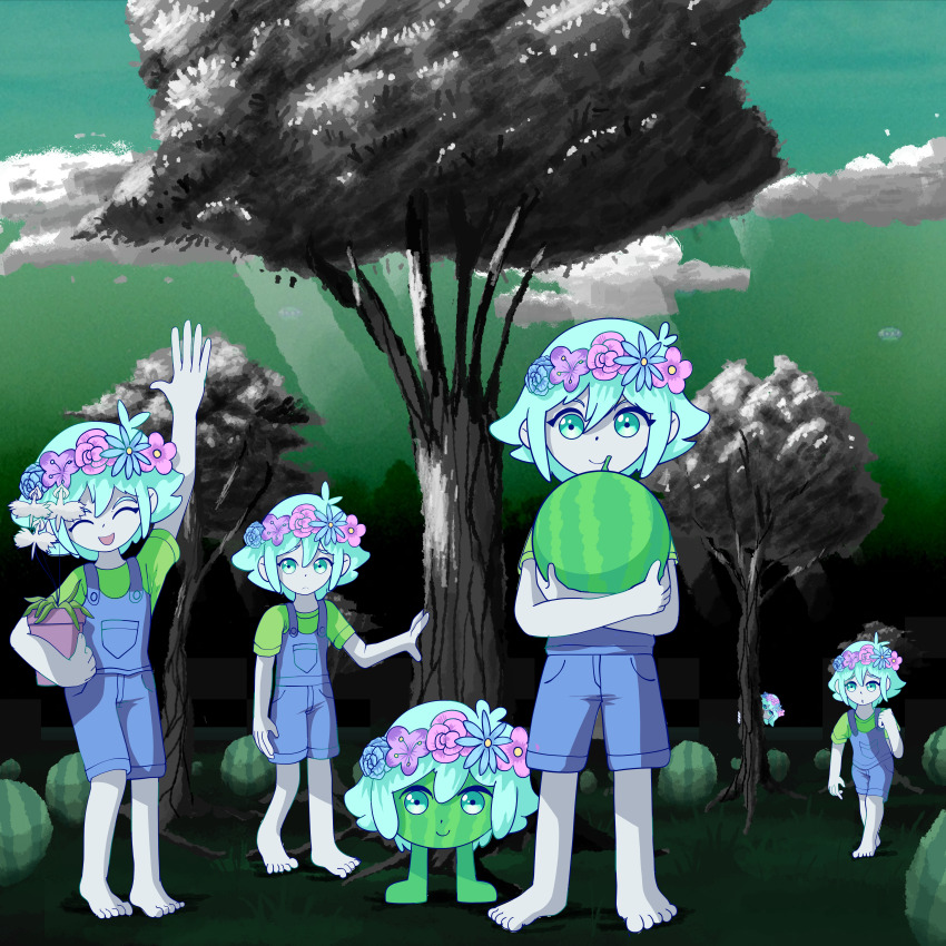 1boy, absurdres, basil_(headspace)_(omori), basil_(omori), blue_eyes, crown, elecmaw, flower