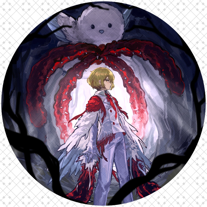 1boy, absurdres, backlighting, bird, blonde_hair, body_horror, chinese_commentary, e.g.o_(project_moon), feathered_wings, forest, formal_clothes, from_side, highres, limbus_company, looking_at_viewer, male_focus, nature, necktie, pants, plant, project_moon, punishing_bird, red_necktie, sharp_teeth, shirt, short_hair, sinclair_(project_moon), standing, suit, teeth, vines, watermark, watermark_grid, white_bird, white_pants, white_shirt, white_suit, wings, yellow_eyes, zhishi_tui_tuhao