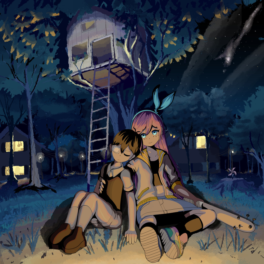 1boy, 1girl, absurdres, aubrey_(omori), black_hair, blue_eyes, elecmaw, highres