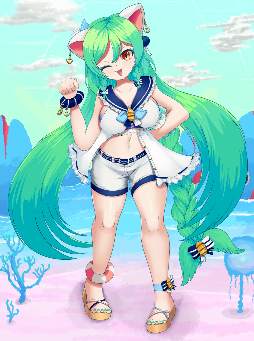 absurdres, anchor, animal_ears, basil_(headspace)_(omori), basil_(omori), breasts, cat_ears, elecmaw, full_body, grey_hair, highres, omocat_(character), omori, rottenmelons, smile, w, water, yellow_eyes