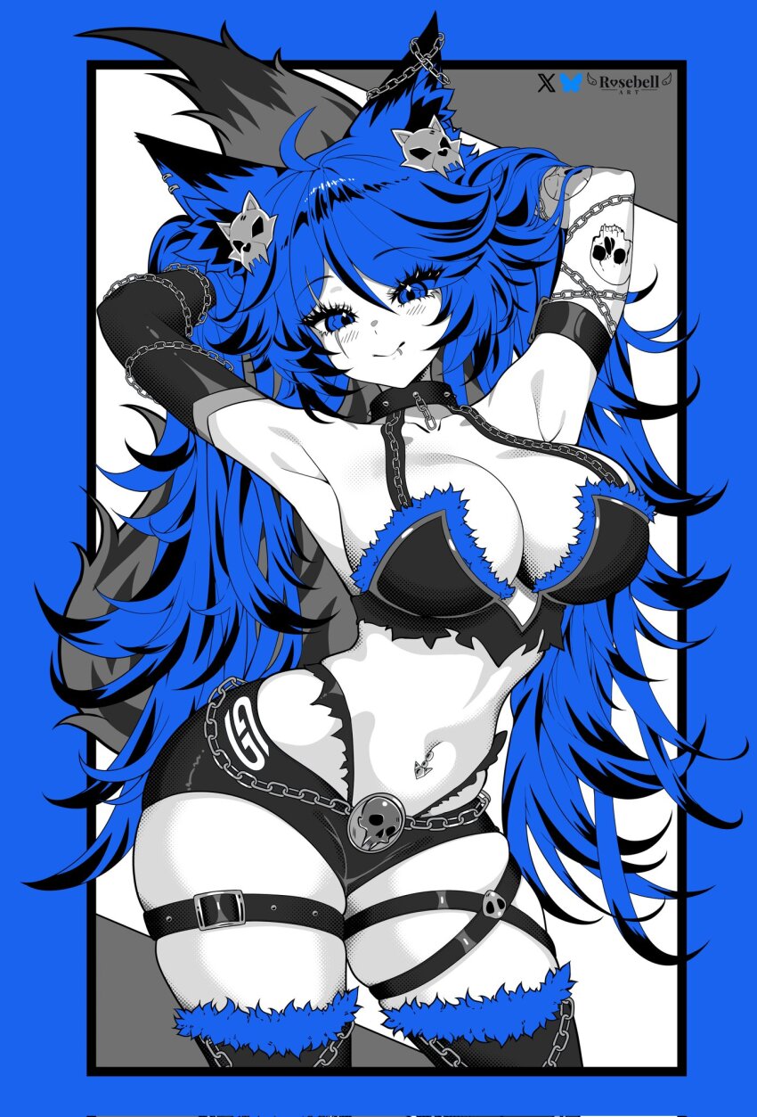 1girl, animal_ear_fluff, animal_ears, arm_tattoo, arms_up, asymmetrical_sleeves, bikini, black_shorts
