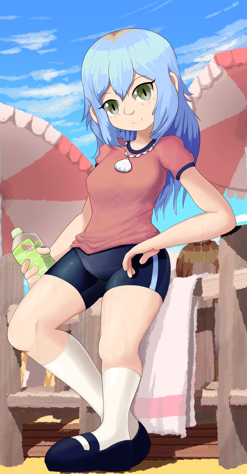 1girl, absurdres, beach, blue_hair, bottle, cris_(omori), elecmaw, green_eyes