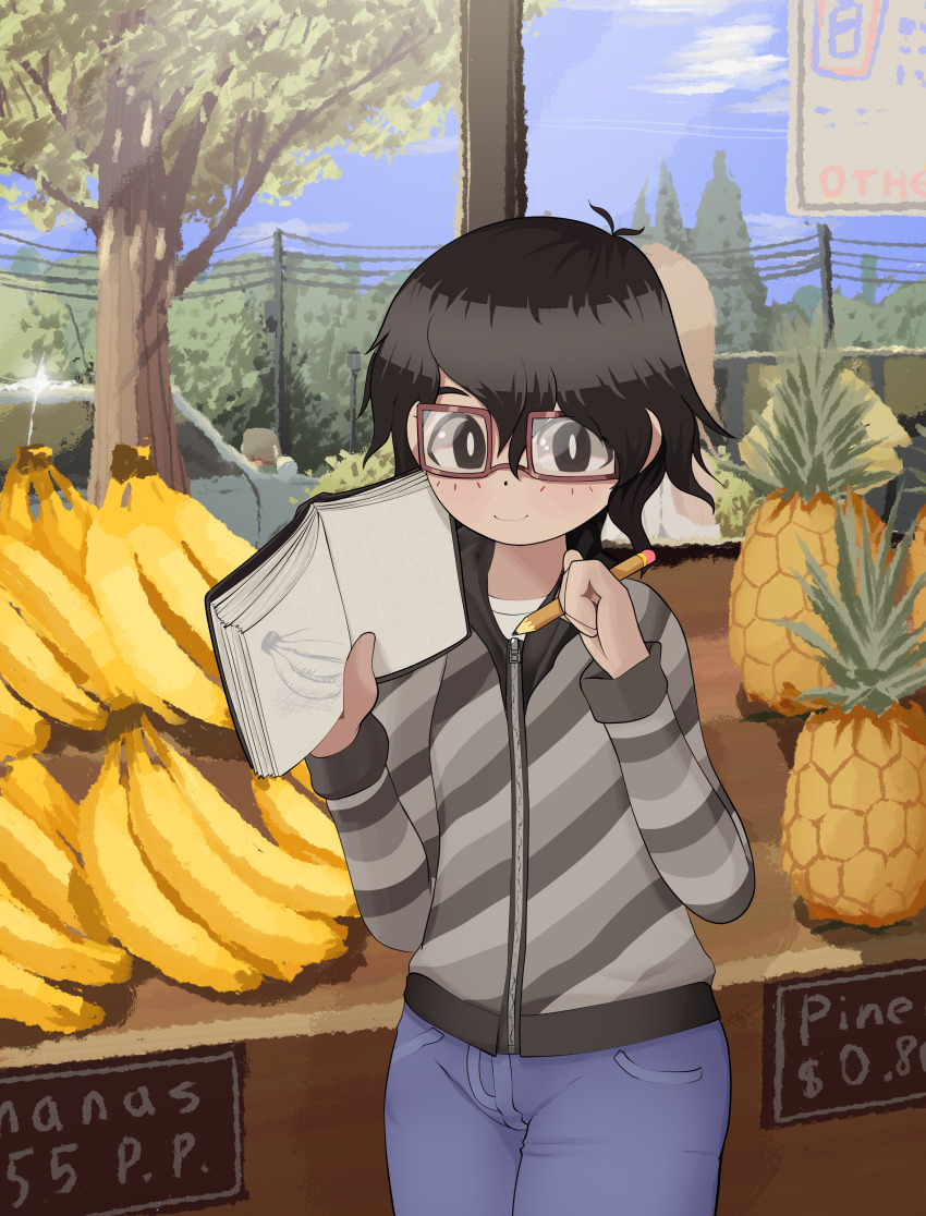 1boy, absurdres, banana, black_eyes, black_hair, blush, denim, elecmaw