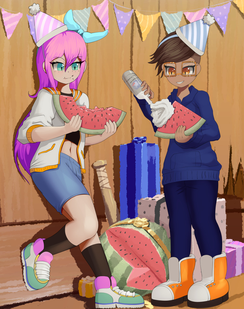 absurdres, aubrey_(omori), blue_eyes, box, brown_hair, cream, denim, elecmaw