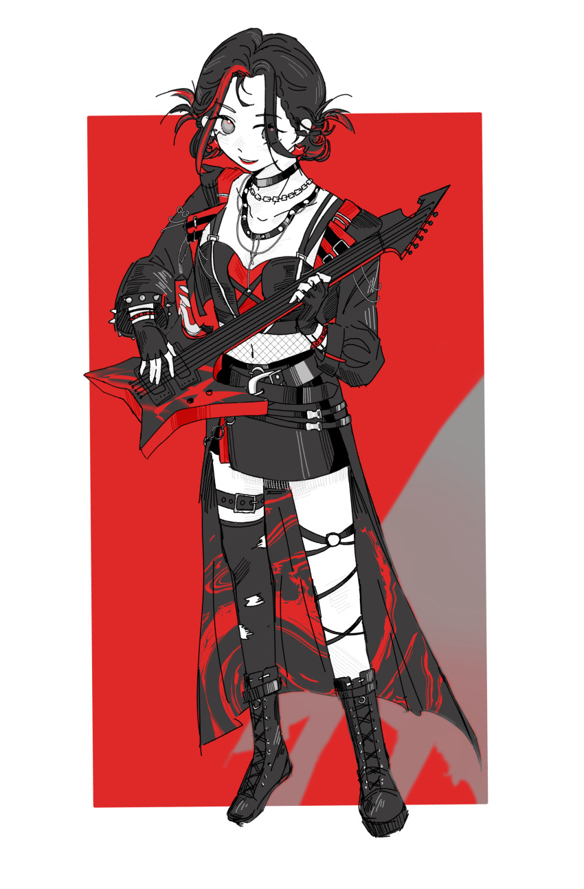 1girl, absurdres, belt, belt_buckle, black_belt, black_boots, black_choker, black_gloves