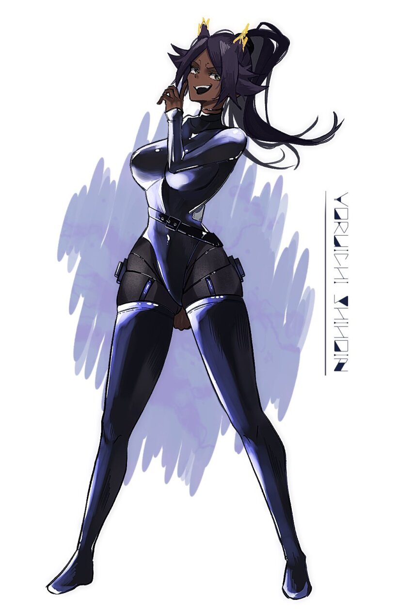 1girl, belt, black_belt, black_bodysuit, black_choker, bleach, blue_background, blue_boots
