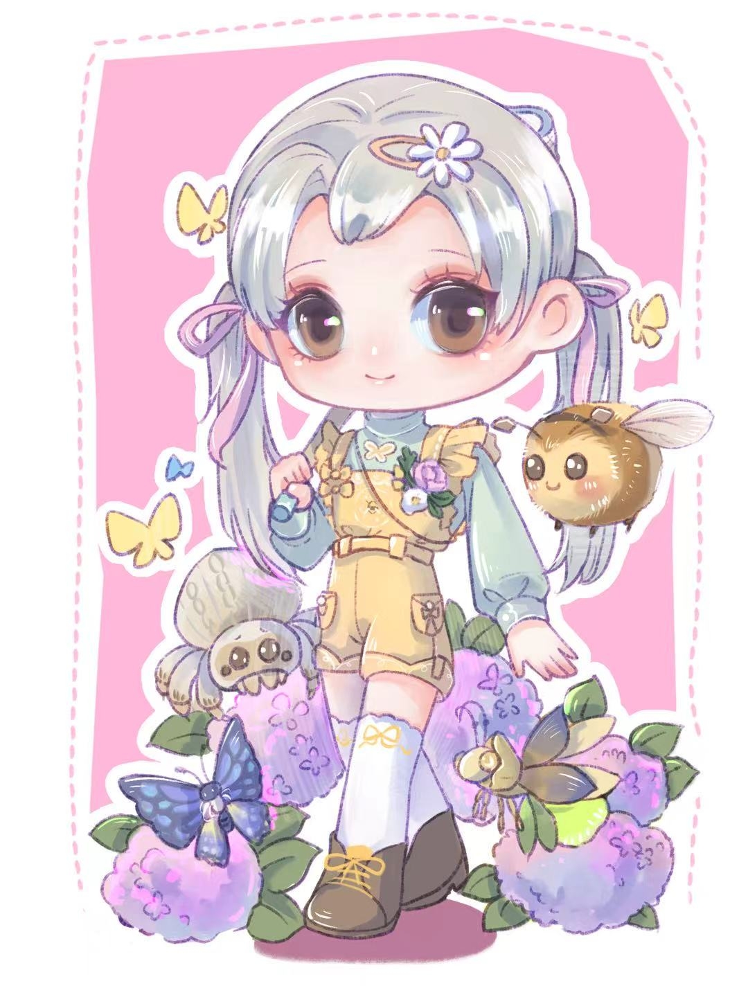 1girl, afternoon_shine_(infinity_nikki), bee, belt, blue_butterfly, boots, border, brooch, brown_boots, brown_eyes, bug, butterfly, butterfly_necklace, butterfly_net, carrying_over_shoulder, closed_mouth, commission, daisy_(flower), deformed, dotted_line, eyelashes, eyeshadow, fireflies, flower, flower_brooch, foodie_bee_(infinity_nikki), frilled_straps, green_shirt, grey_hair, hair_flower, hair_ornament, hair_ribbon, hairclip, hand_net, high_heel_boots, high_heels, highres, holding, holding_butterfly_net, infinity_nikki, insect, jewelry, light_blush, lips, long_hair, long_sleeves, makeup, nikki_(series), outline, over-kneehighs, overalls, pink_background, pink_eyeshadow, pink_ribbon, pocket, puffy_long_sleeves, puffy_sleeves, purple_flower, ribbon, ribbon_legwear, shadow, shirt, smile, socks, solo, tarantula, tareme, thighhighs, turtleneck, turtleneck_shirt, twintails, walking, white_border, white_flower, white_outline, white_socks, xiaoya_zie, yellow_belt, yellow_butterfly, yellow_overalls, yellow_ribbon