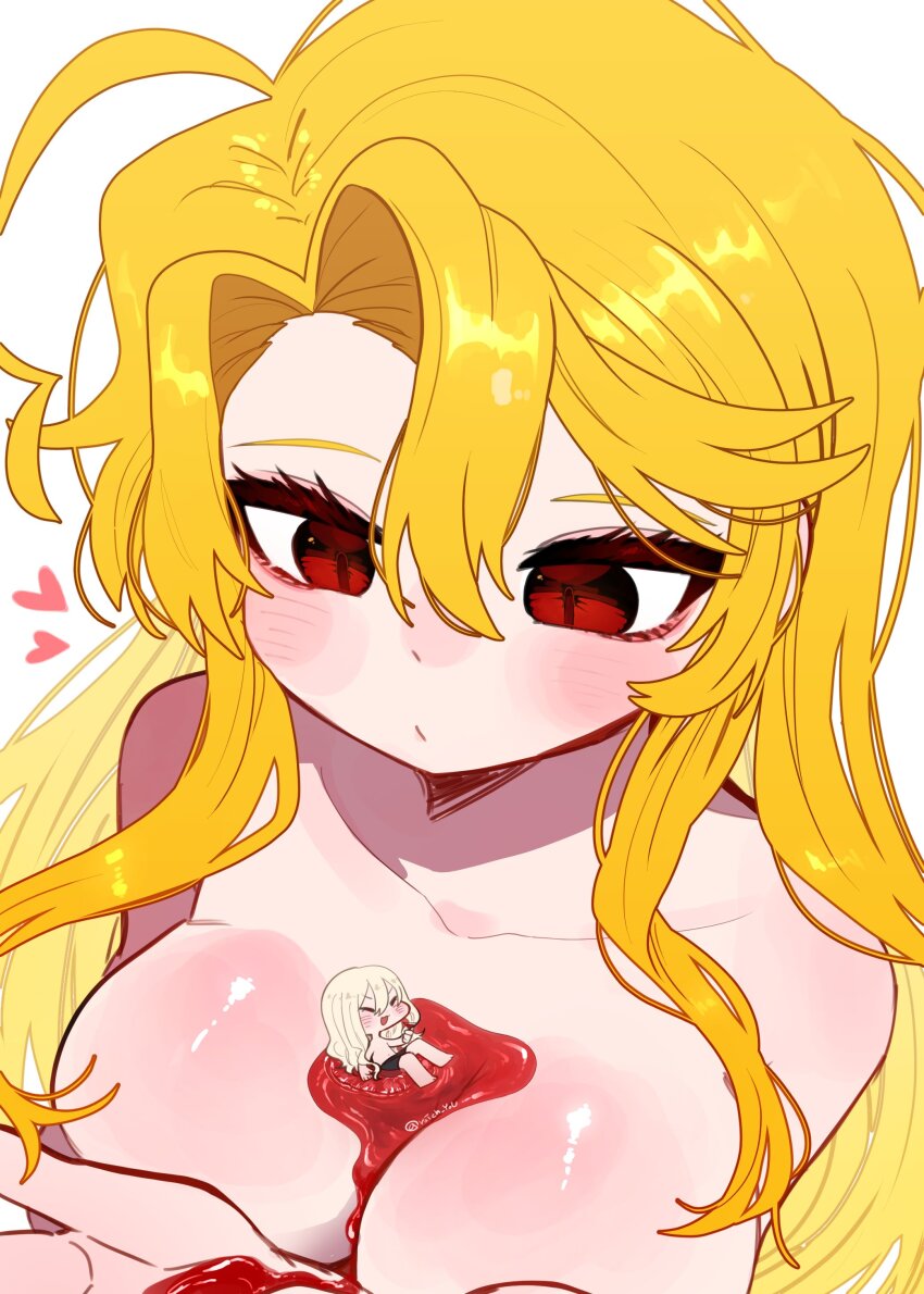1boy, 1girl, absurdres, blonde_hair, blush, breasts, breasts_squeezed_together, chibi