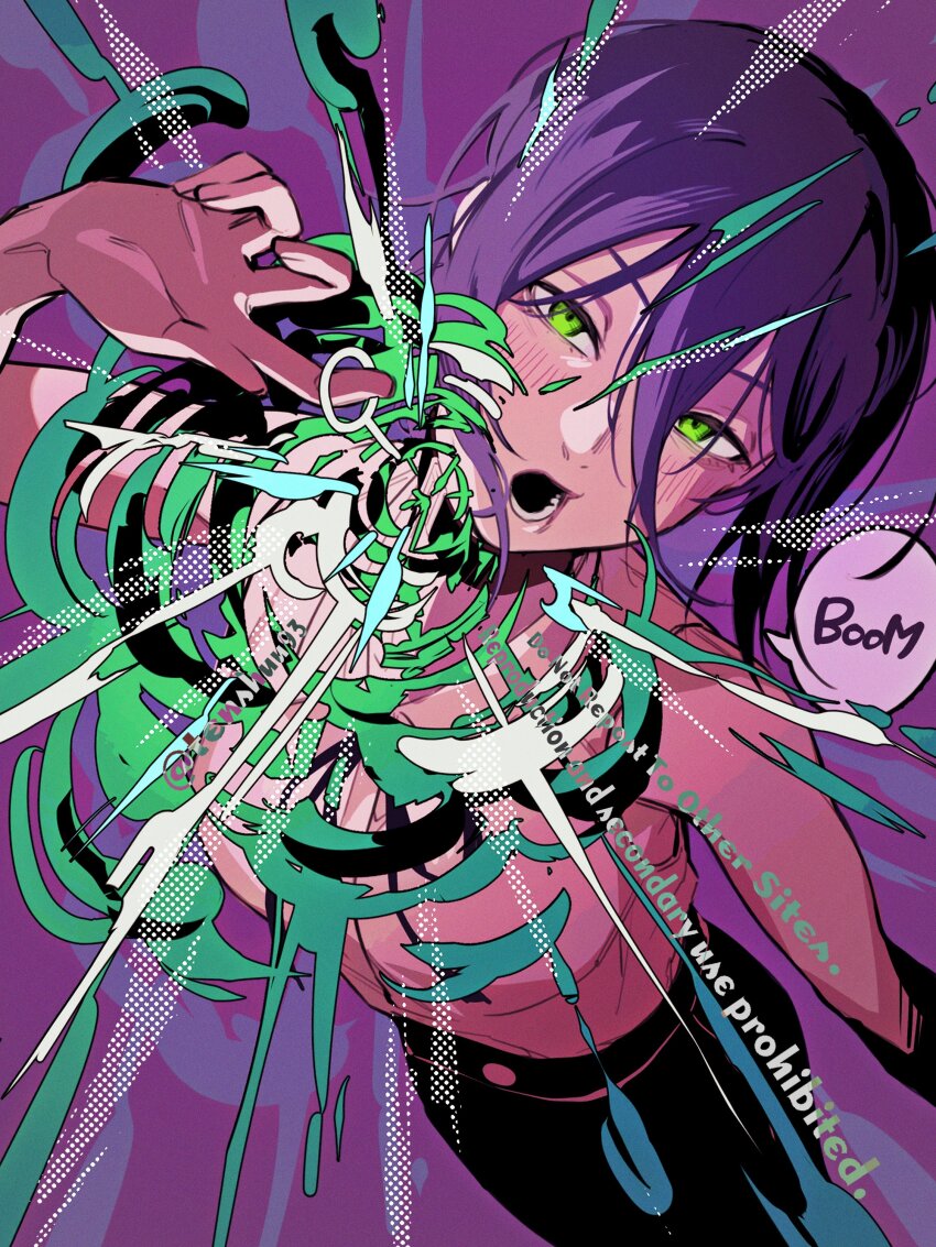 1girl, absurdres, black_choker, chainsaw_man, choker, green_eyes, grenade_pin, hair_between_eyes