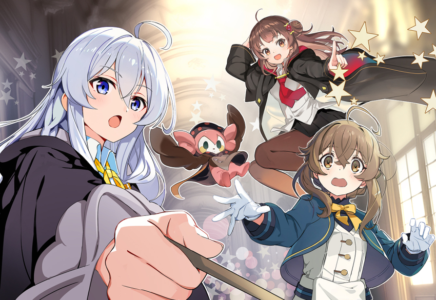 3girls, ahoge, aru_majo_ga_shinu_made, blue_eyes, brown_eyes, brown_hair, charlotte_(madoka_magica), crossover