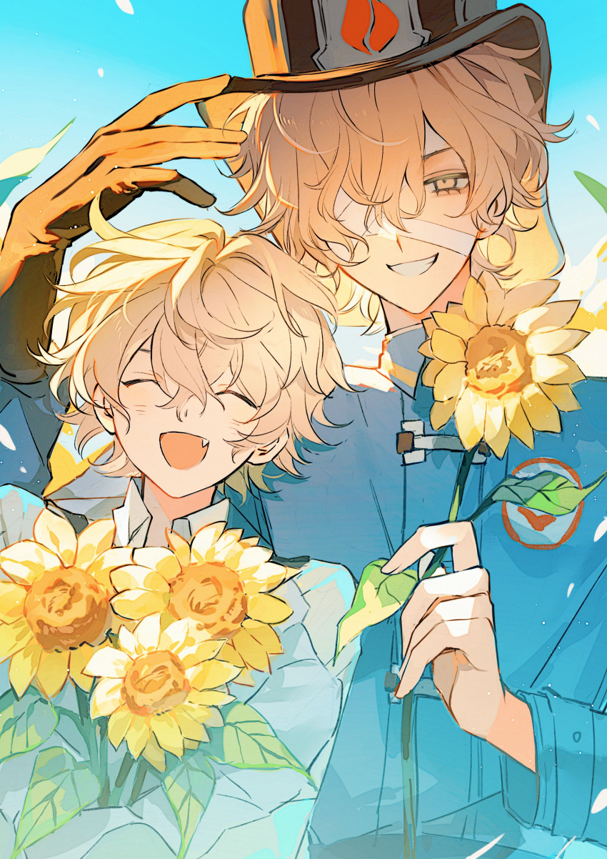 2boys, absurdres, aged_down, bandage_over_one_eye, bandaged_head, bandages, black_gloves, blonde_hair