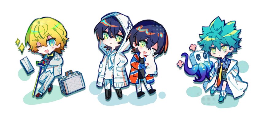 2boys, 2girls, animal, arale_(shuten_order), black_hair, black_shirt, black_shorts, blonde_hair