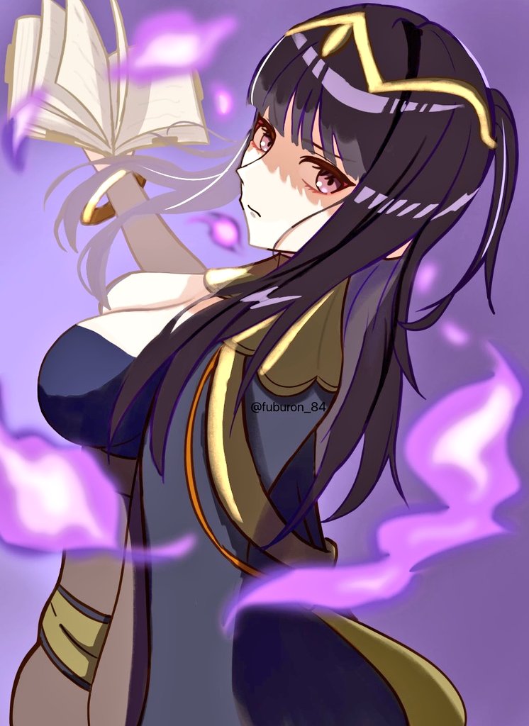 1girl, black_hair, blunt_bangs, bodystocking, book, bracelet, breasts, bridal_gauntlets, cape, circlet, cleavage, closed_mouth, fire_emblem, fire_emblem_awakening, fuburon_84, holding, holding_book, jewelry, large_breasts, long_hair, looking_at_viewer, magic, nintendo, purple_eyes, solo, tharja_(fire_emblem), tiara, two_side_up
