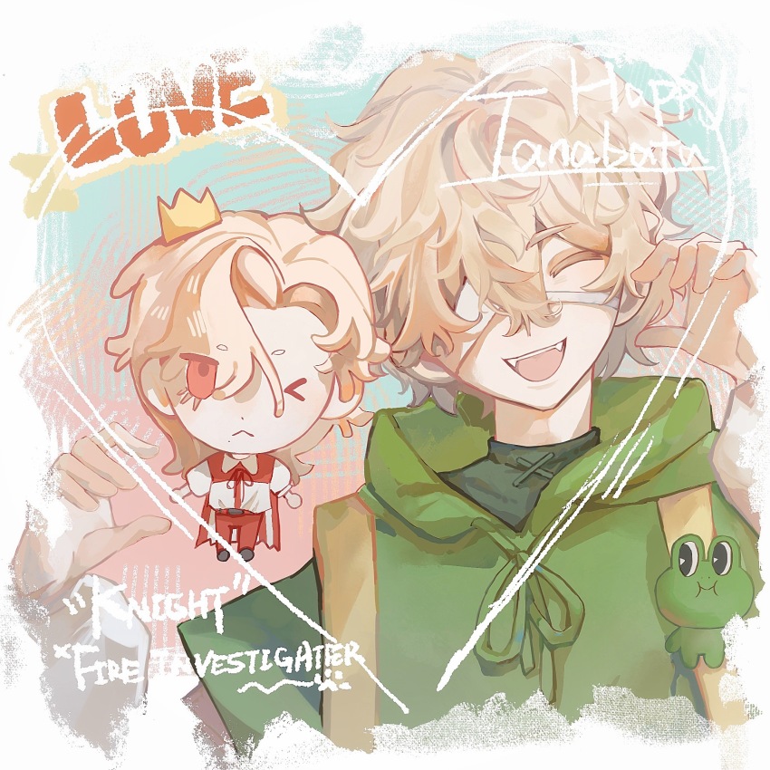 1boy, backpack, bag, bandage_over_one_eye, bandaged_head, bandages, blonde_hair, chibi