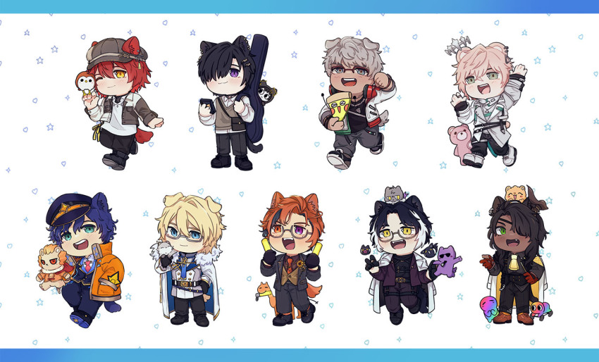 6+boys, :3, :d, animal_ear_piercing, animal_ears, apolleon, aragami_oga, aragami_oga_(underworld_aristocracy), arurandeisu, arurandeisu_(1st_costume), astel_leda, astel_leda_(1st_costume), bear_boy, bear_ears, bear_tail, bespectacled, bird, black_gloves, black_hair, black_pants, black_shirt, black_streaks, black_suit, blonde_hair, blue_border, blue_eyes, blue_hair, blue_necktie, blush, border, boutonniere, brown_shirt, bukatachi_(kageyama_shien), buttons, cape, cat_boy, cat_ears, cat_tail, chest_harness, chibi, chibi_only, chibikemo, clenched_hand, coat, coat_on_shoulders, collared_jacket, collared_shirt, cropped_jacket, cummerbund, dark-skinned_male, dark_skin, dog_boy, dog_ears, dog_tail, double-breasted, ear_piercing, eyepatch, fang, fangs, ferret, formal_clothes, fur-trimmed_cape, fur_trim, glasses, gloves, glowstick, green_eyes, grey_hair, guitar_case, hair_ornament, hair_over_one_eye, hairclip, halo, hanasaki_miyabi, hanasaki_miyabi_(7th_costume), harness, hat, headphones, headphones_around_neck, heart, heterochromia, hiyamaru, holding, holding_glowstick, holding_phone, holostars, horns, instrument_case, jackal_boy, jackal_ears, jackal_tail, jacket, kageyama_shien, kageyama_shien_(mafia_boss), kanade_izuru, kanade_izuru_(fall/winter), kemonomimi_mode, kishido_temma, kishido_temma_(6th_costume), koyama_(kageyama_shien), kyomu_suzume, light_blush, lion, male_focus, miamisuki, multicolored_hair, multicolored_jacket, multiple_boys, nakayama_(kageyama_shien), necktie, nekoyama_shien, omaesan_(aragami_oga), one_eye_closed, open_mouth, orange_eyes, orange_hair, orange_jacket, orange_necktie, pants, peaked_cap, penlight_(glowstick), phone, piercing, pink_hair, pizza-kun_(arurandeisu), pomekorokke, purple_eyes, purple_suit, red_gloves, red_hair, red_necktie, rikka_(7th_costume)_(holostars), rikka_(holostars), shirt, single_horn, smile, spanner_(holostars), star_(symbol), star_animals, streaked_hair, stuffed_animal, stuffed_toy, suit, sweater_vest, tail, teddy_bear, two-sided_cape, two-sided_fabric, two-tone_jacket, unhinged_izuru_(kanade_izuru), vest, virtual_youtuber, waistcoat, white_background, white_coat, white_hair, white_halo, white_jacket, white_shirt, white_streaks, yellow_eyes, yellow_necktie, yukoku_roberu, yukoku_roberu_(5th_costume)