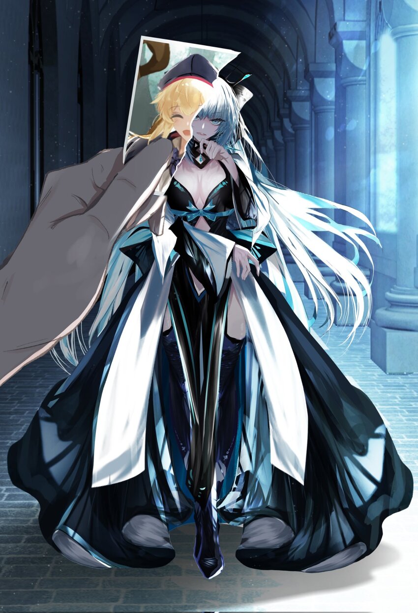 antinese, artoria_caster_(fate), artoria_pendragon_(fate), black_bow, black_dress, blue_eyes, blue_lips, bow