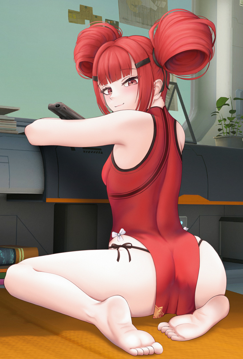 1girl, :3, absurdres, arms_up, ass, bare_legs, bare_shoulders, barefoot