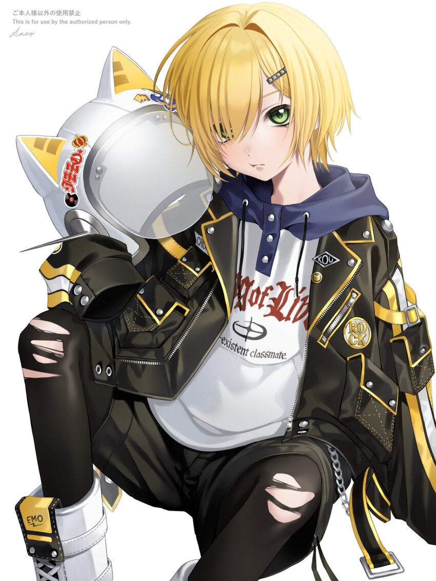 1boy, animal_ear_helmet, animal_ears_helmet, animal_helmet, black_jacket, black_pantyhose, black_shorts, blonde_hair
