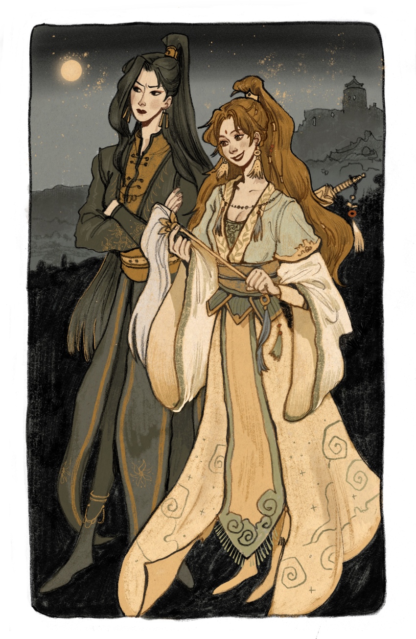 2girls, absurdres, anklet, asymmetrical_bangs, black_border, black_eyes, black_hair, black_hanfu