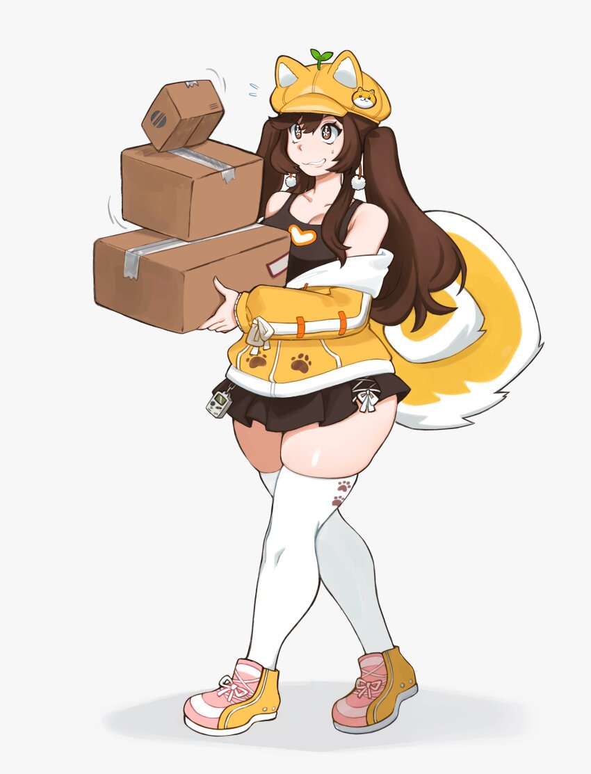 1girl, absurdres, aki_orange, animal_ears, belt_charm, bow, box, breasts