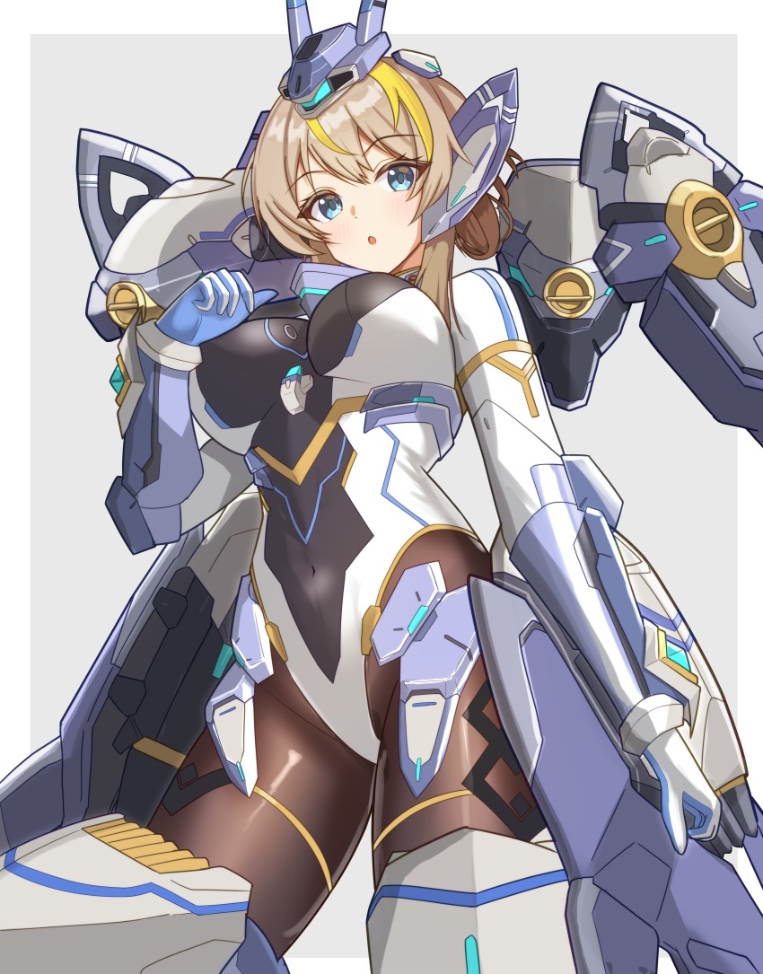 1girl, :o, absurdres, armored_boots, beta_(starward), black_leotard, black_pantyhose, blonde_hair, boots, breasts, commentary_request, covered_navel, cowboy_shot, hair_between_eyes, headgear, highres, large_breasts, leotard, looking_at_viewer, mecha_musume, mechanical_wings, multicolored_hair, multicolored_leotard, osunahanko, pantyhose, parted_lips, sidelocks, solo, starward, streaked_hair, thrusters, two-tone_hair, two-tone_leotard, white_leotard, wings