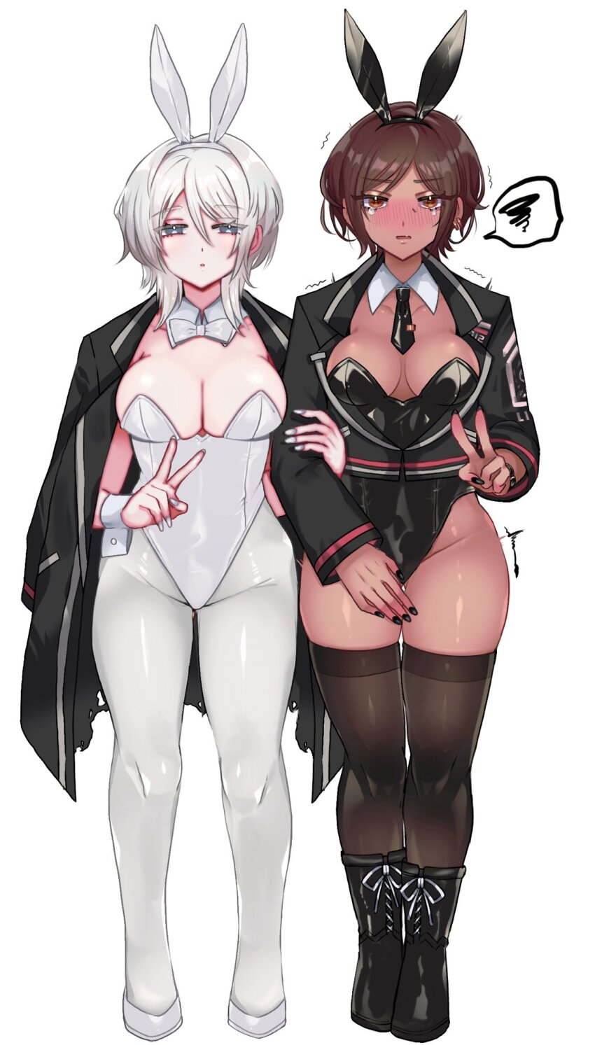 2girls, alternate_costume, animal_ear_hairband, animal_ears, black_boots, black_coat, black_jacket, black_leotard, black_nails, black_necktie, black_thighhighs, blue_eyes, blush, boots, bow, bowtie, breasts, brown_eyes, brown_hair, cleavage, coat, coat_on_shoulders, covered_navel, dark-skinned_female, dark_skin, detached_collar, fake_animal_ears, fangs, faust_(project_moon), full-face_blush, full_body, hairband, highres, jacket, large_breasts, leotard, limbus_company, looking_at_viewer, multiple_girls, necktie, njaja_kanja, outis_(project_moon), pantyhose, playboy_bunny, project_moon, rabbit_ear_hairband, rabbit_ears, shoes, short_hair, simple_background, skin_fangs, standing, strapless, strapless_leotard, tearing_up, thighhighs, v, white_background, white_bow, white_bowtie, white_hair, white_nails, white_pantyhose, white_shoes, white_wrist_cuffs, wrist_cuffs