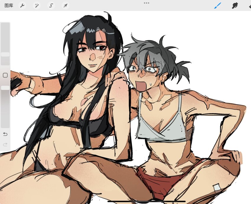 2girls, alien_stage, arcorclynn, art_program_in_frame, black_bra, black_eyes, black_hair, black_panties