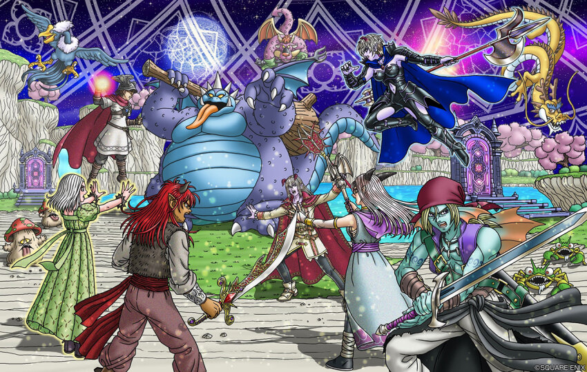 3girls, 4boys, archdemon_(dragon_quest), arm_tattoo, armor, artist_request, azbar_(dragon_quest), back_fin, balzack_(dragon_quest), black_armor, black_bodysuit, black_horns, black_sash, black_sky, blonde_hair, blue_cape, blue_robe, blue_skin, blue_sky, bodysuit, bridal_gauntlets, brown_gloves, brown_hair, cape, casting_spell, clothing_cutout, colored_skin, creature_request, dark-skinned_male, dark_skin, demon_boy, demon_girl, dragon, dragon_girl, dragon_quest, dragon_quest_x, dress, estella_(dq10), fighting, fingerless_gloves, fins, fish_boy, fur_vest, gloves, green_dress, head_fins, holding, holding_polearm, holding_staff, holding_sword, holding_weapon, horns, hyuuza_(dq10), illusia_(dq10), long_hair, medium_hair, monster_boy, monster_girl, multiple_boys, multiple_girls, muscular, muscular_male, navel, navel_cutout, night, official_art, open_mouth, pointy_ears, polearm, purple_cape, purple_hair, purple_skin, purple_vest, red_cape, red_hair, red_horns, red_sash, robe, sash, short_hair, singh_(dq10), sky, staff, stomach_cutout, sword, tattoo, thigh_cutout, thorns, tongue, tongue_out, valeria_(dragon_quest), vest, weapon, white_bridal_gauntlets, white_hair, winged_hat, yushuka_(dragon_quest)