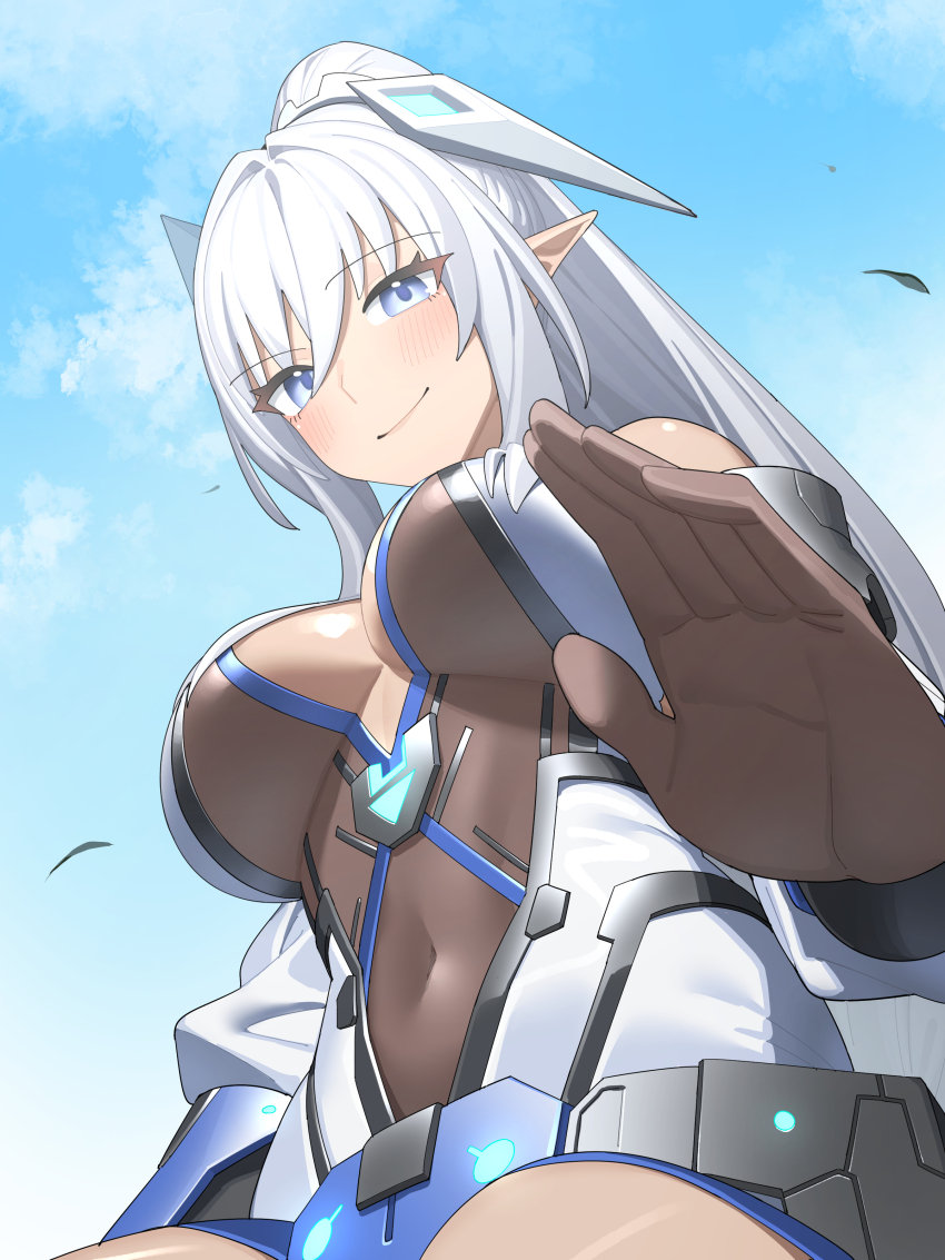 1girl, absurdres, bare_shoulders, blue_eyes, blue_sky, blush, bodystocking, breasts