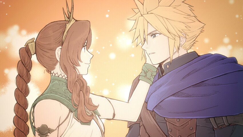 1boy, 1girl, aerith_gainsborough, aerith_gainsborough_(loveless_dress), ameiro0814, armlet, armor, black_shirt