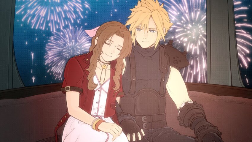 1boy, 1girl, aerith_gainsborough, ameiro0814, armor, armored_gloves, bandaged_arm, bandages